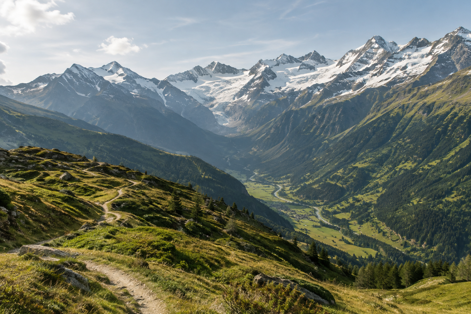 Wide valley landscape in Stubaital with glacier backdrop and hiking terrain