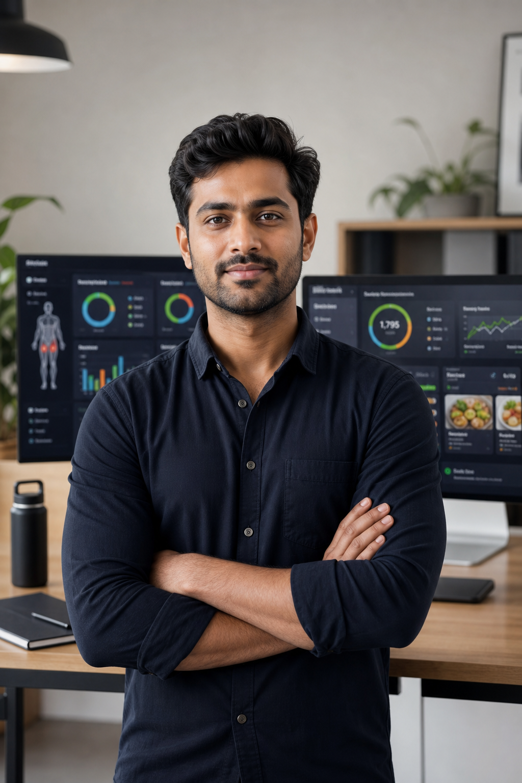 Confident South Asian fitness tech founder in a modern workspace with nutrition and workout dashboards on screen