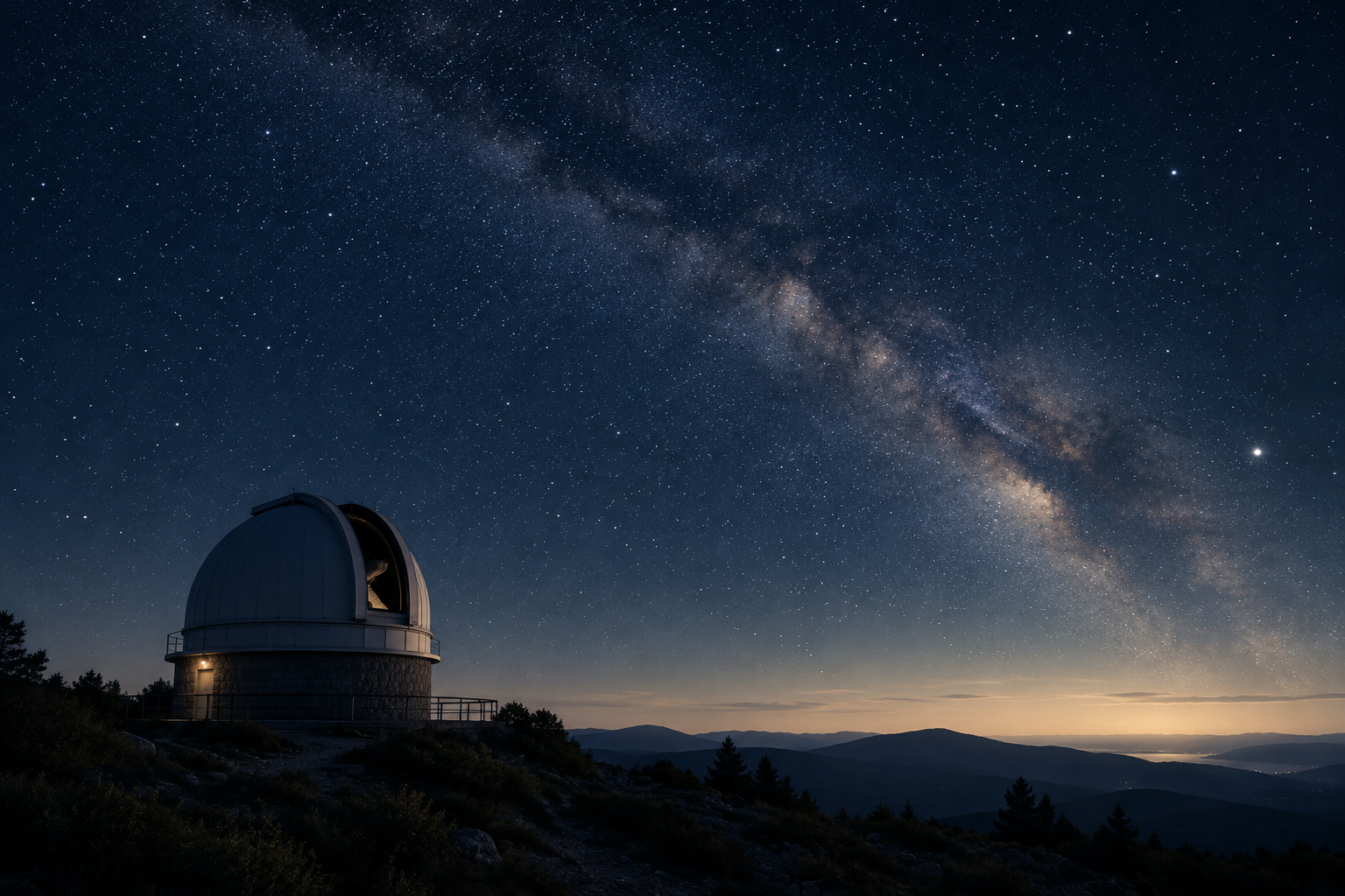 Quiet observatory dome under a clear starry sky with a faint Milky Way arc