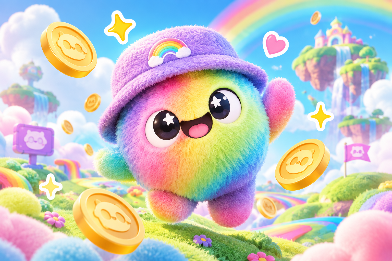 Dominant fuzzy 3D dotgang mascot in a rainbow plush world with floating coin accents and playful sticker sparkles