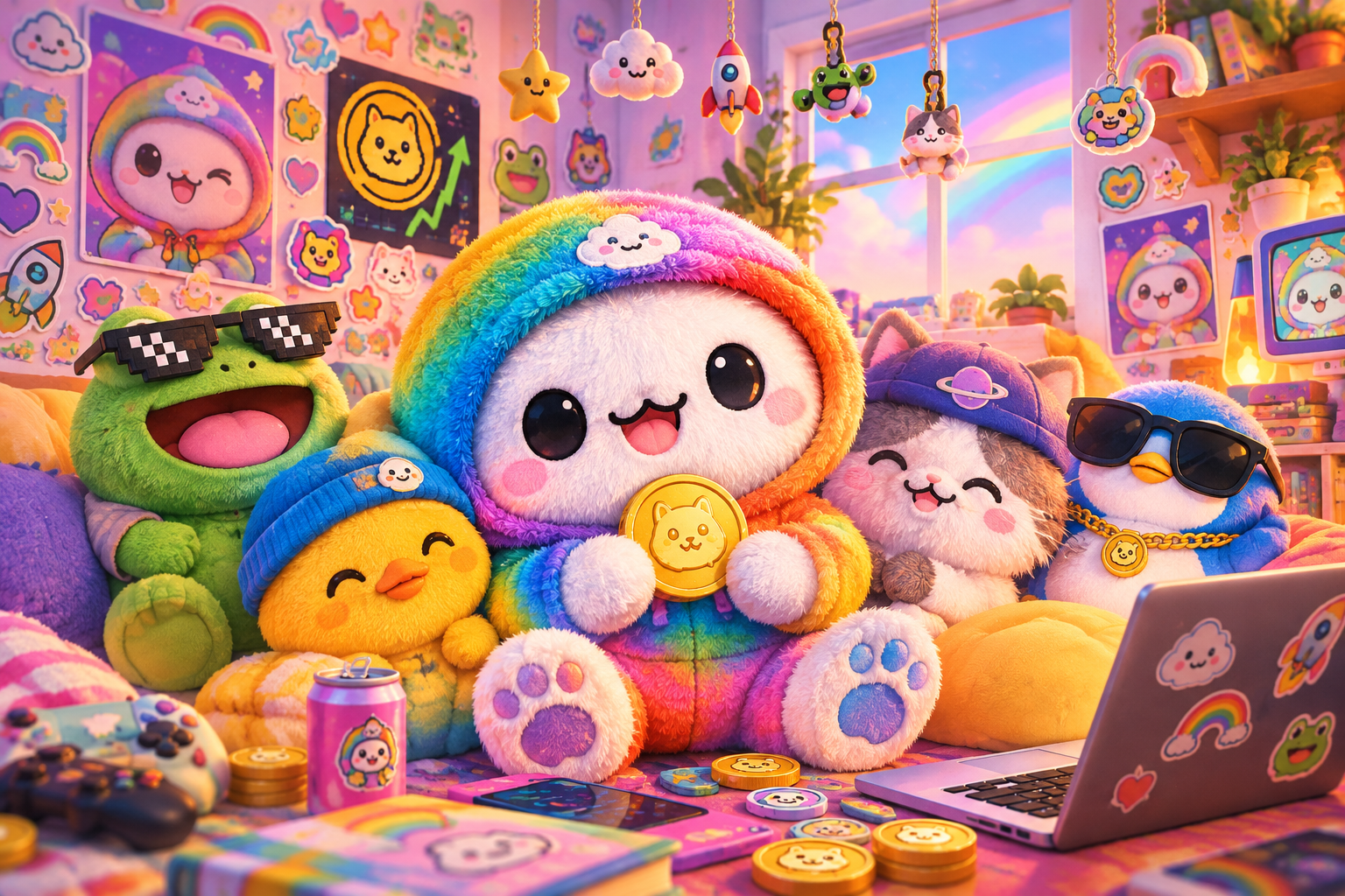 Plush dotgang mascot and friends in a cozy rainbow-lit room full of stickers, toy charms, and playful meme chaos