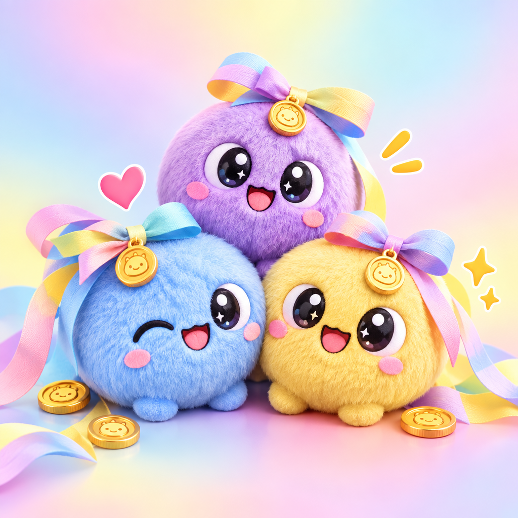 Small cluster of three plush dotgang side characters with pastel ribbons and tiny coin charms