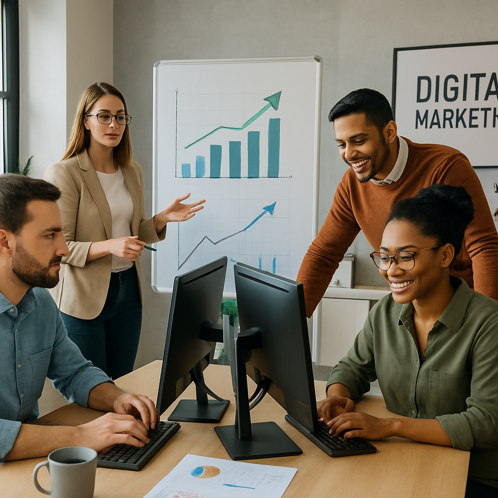 Equipo profesional de agencia de marketing digital trabajando en un espacio moderno, colaborando frente a computadoras y pizarras con gráficos de crecimiento.
