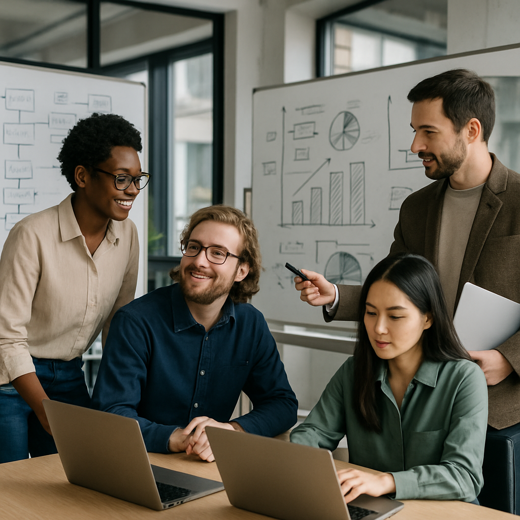 Equipo profesional de empresa tecnológica colaborando en oficina contemporánea con pizarras y laptops
