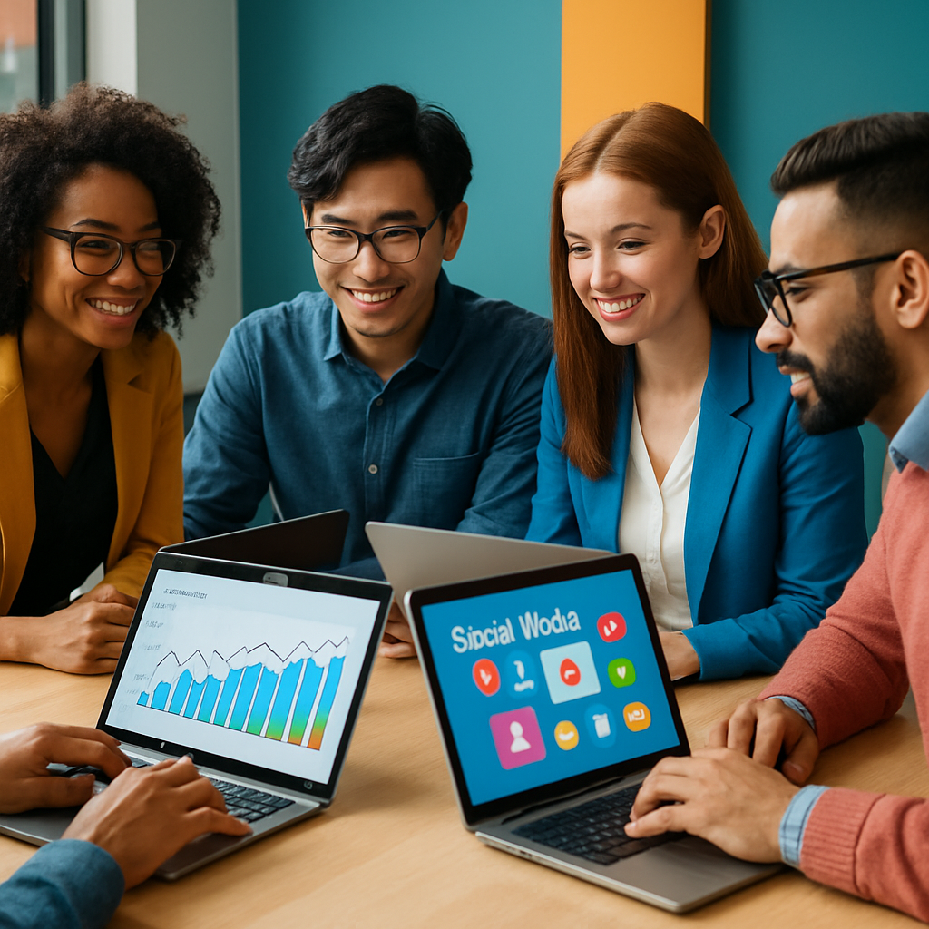 Equipo de marketing digital trabajando en laptops con gráficas y campañas en pantalla