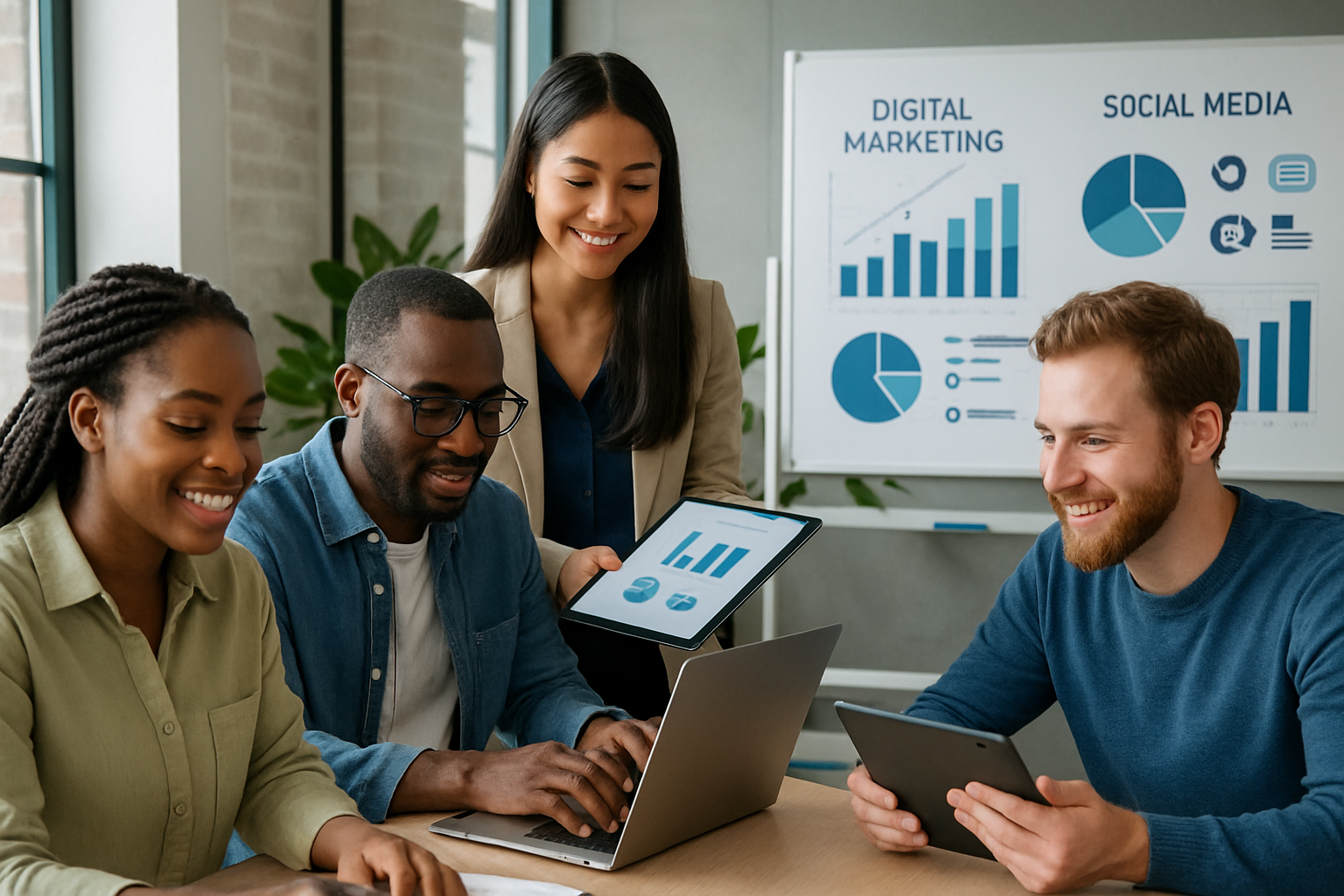 Equipo trabajando en marketing digital y publicidad