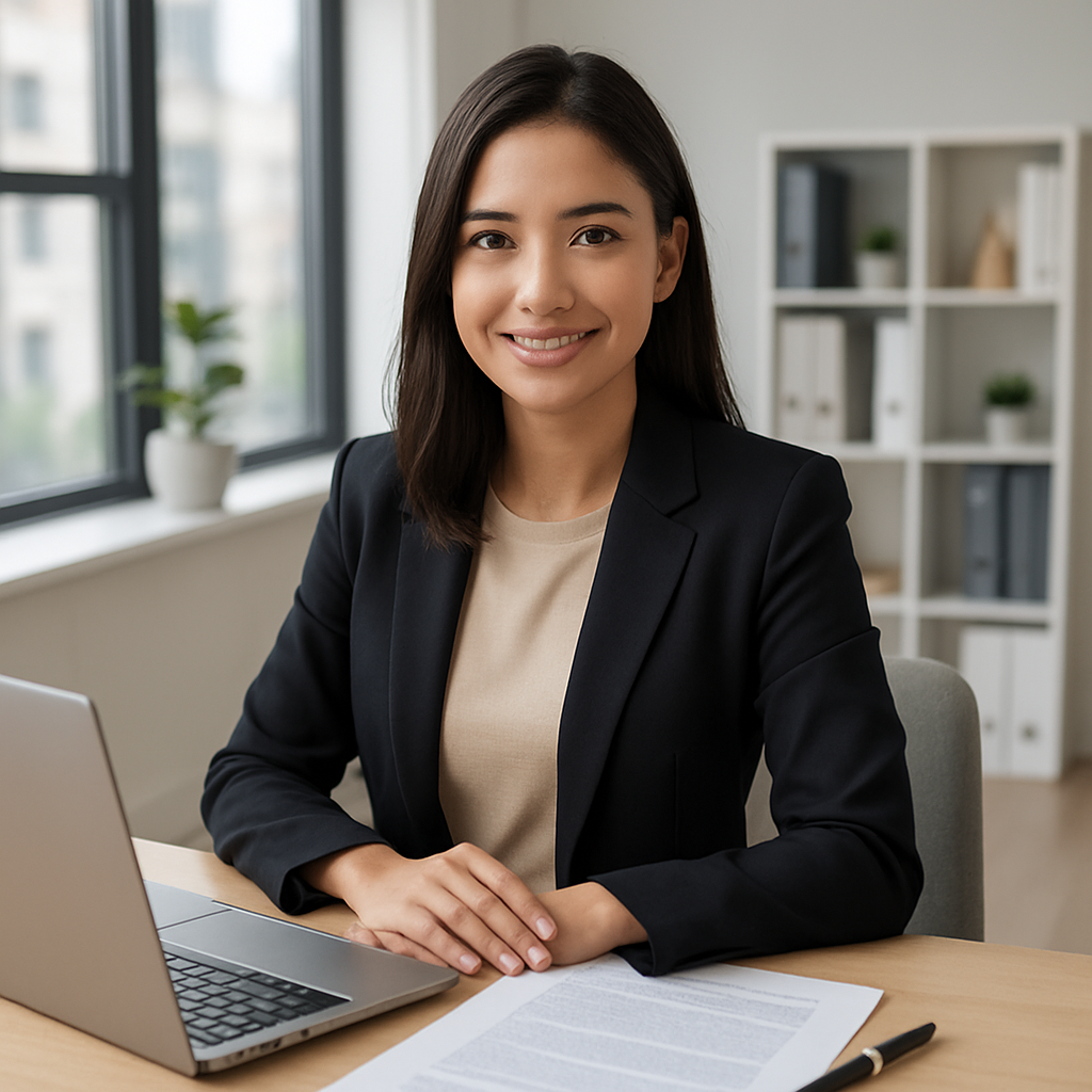 Emprendedora joven en oficina, documentos y laptop, ambiente legal y profesional