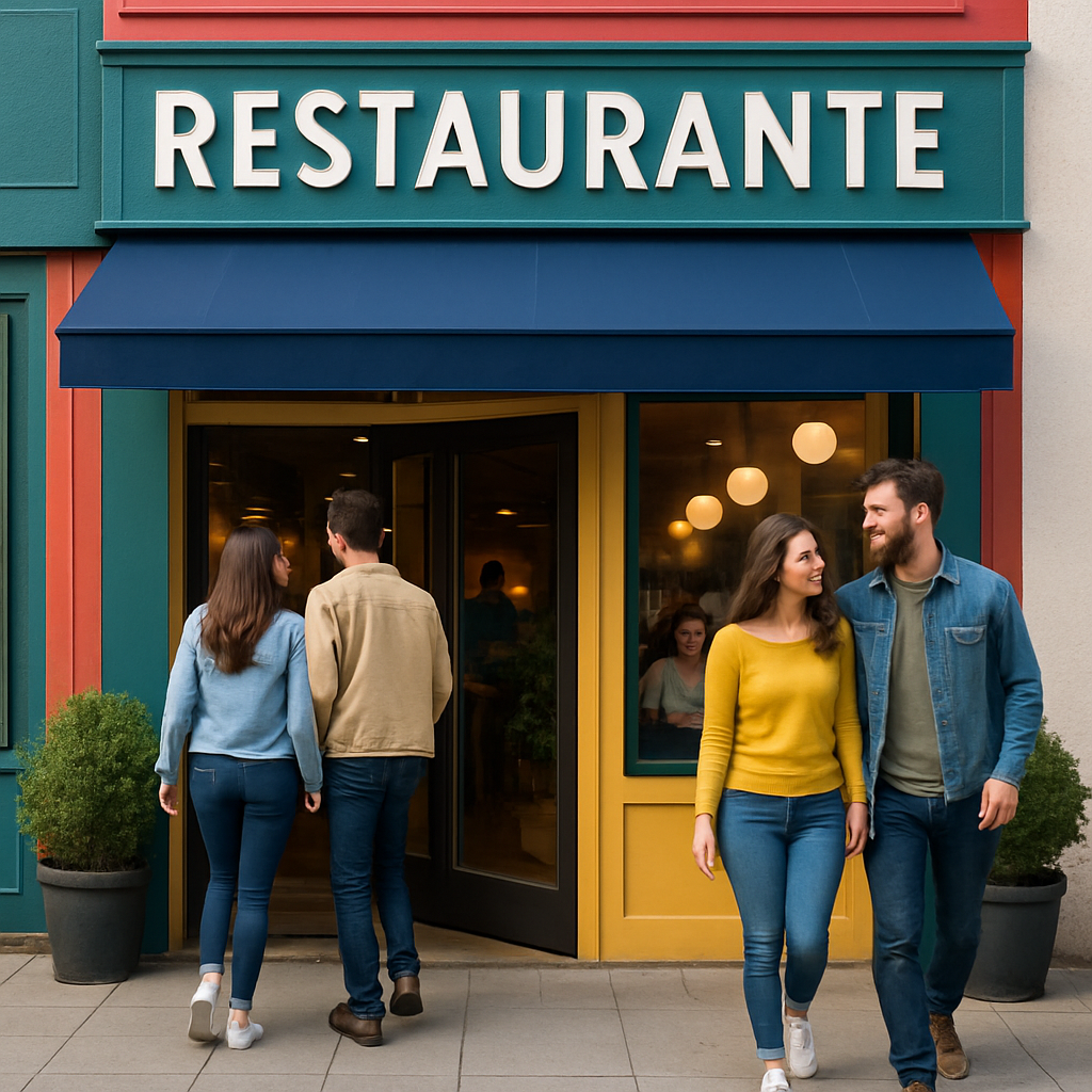 Restaurante local moderno con fachada llamativa, clientes felices entrando