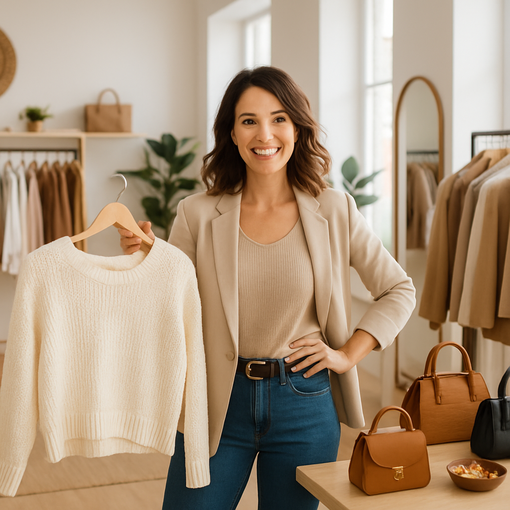 Tienda de moda boutique moderna, dueña sonriente mostrando productos en un local atractivo