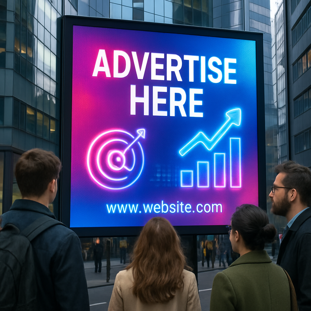 Anuncio digital en pantalla grande, público mirando, ambiente moderno y profesional