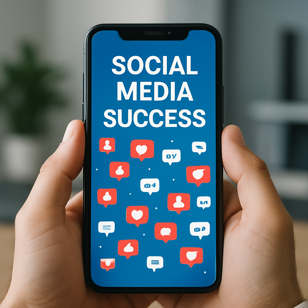 Celular mostrando campaña exitosa en redes sociales, likes y comentarios positivos