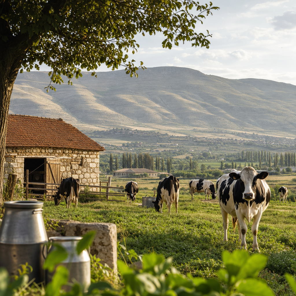 Rural Bekaa farm scene with rolling hills, a small dairy barn, and distant mountains under soft morning light