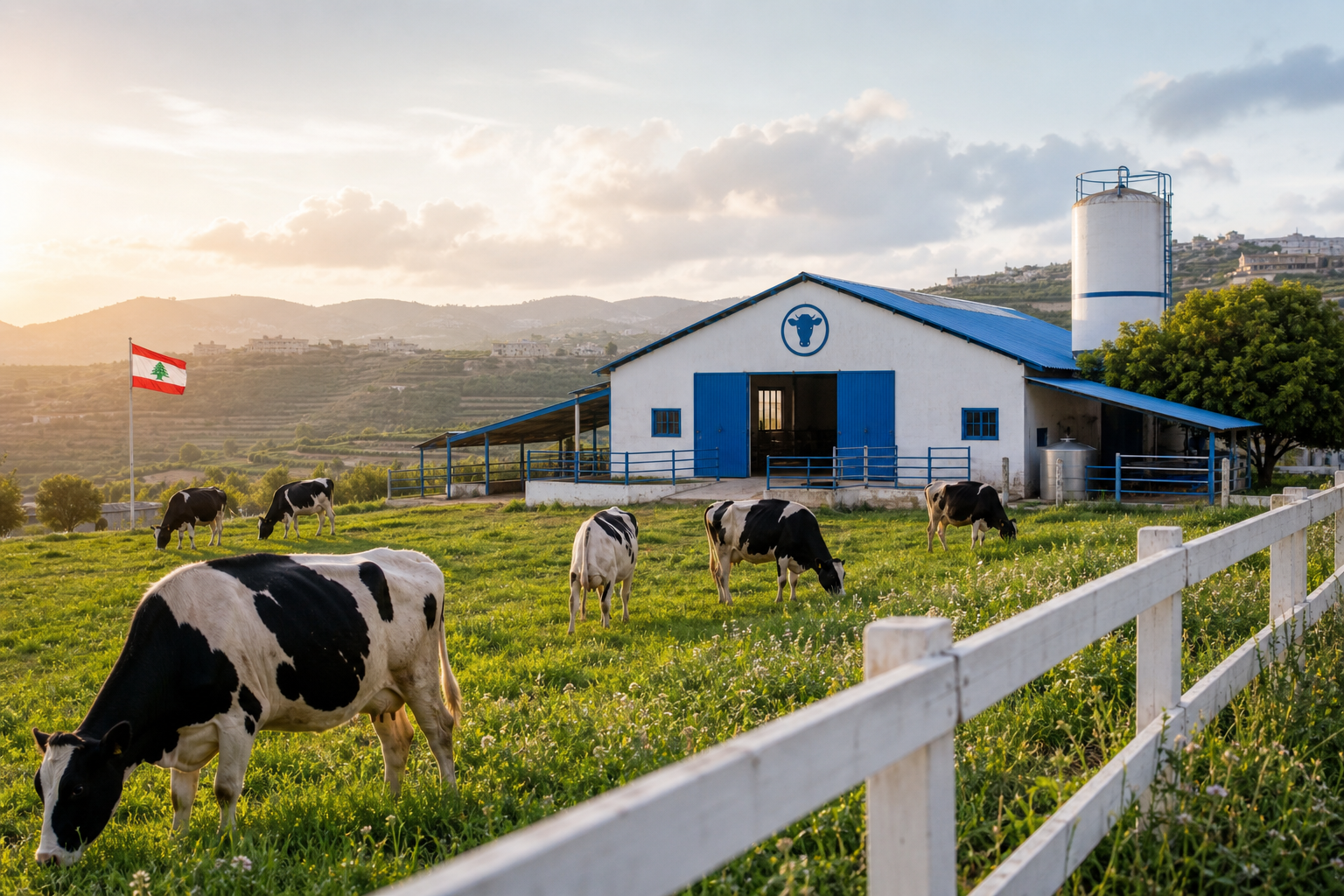 Warm morning view of a small Lebanese dairy farm with grazing cows, a simple white-and-blue barn, and green fields under soft sunlight