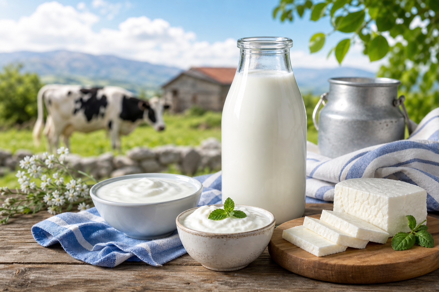 Fresh dairy assortment including a glass bottle of cow milk, small bowls of yogurt, and soft white cheese on a rustic farm table