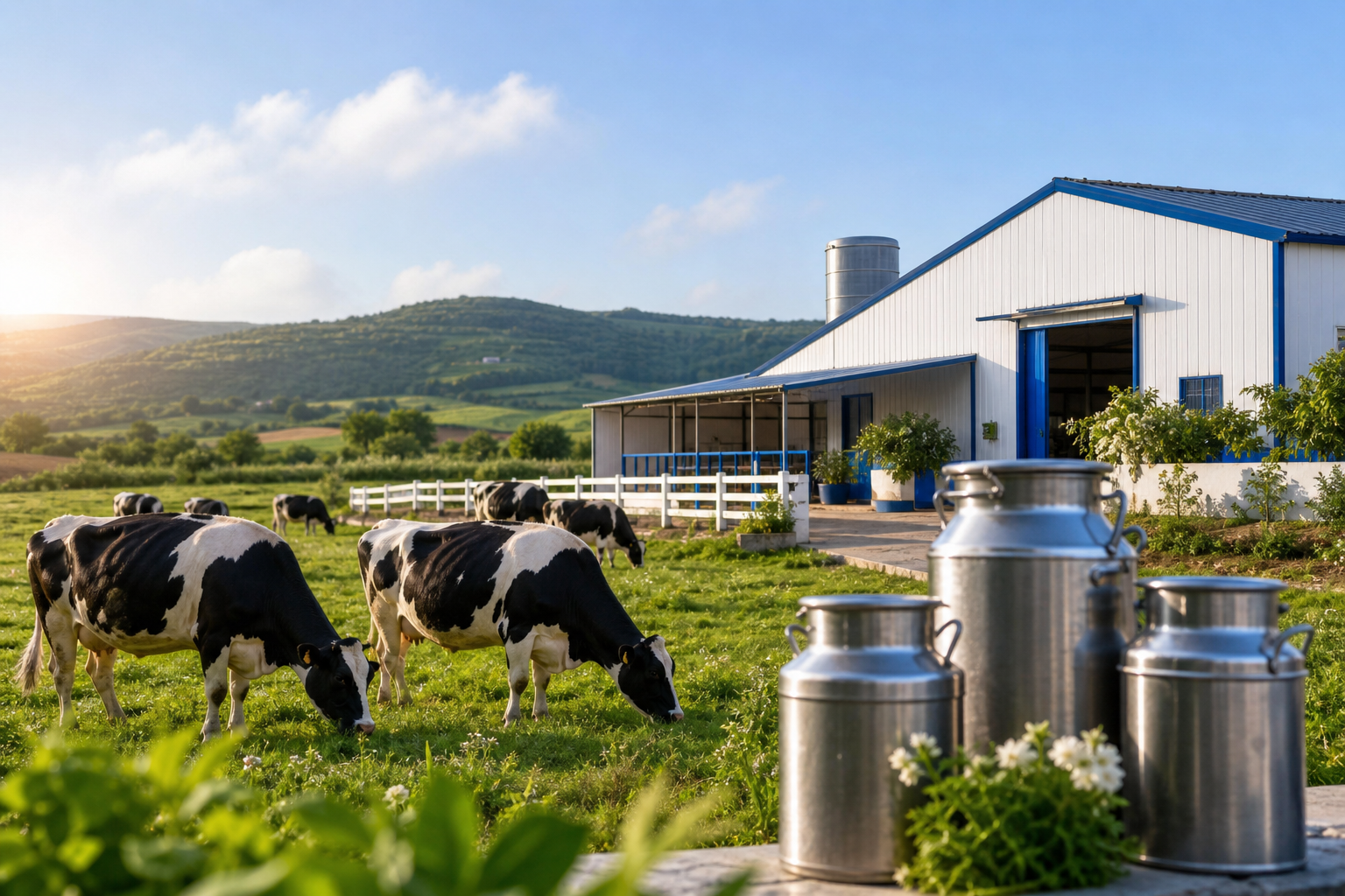 A bright rural dairy scene with a small herd of cows grazing beside a clean blue-and-white dairy barn, milk cans in the foreground, and green farmland under soft morning light