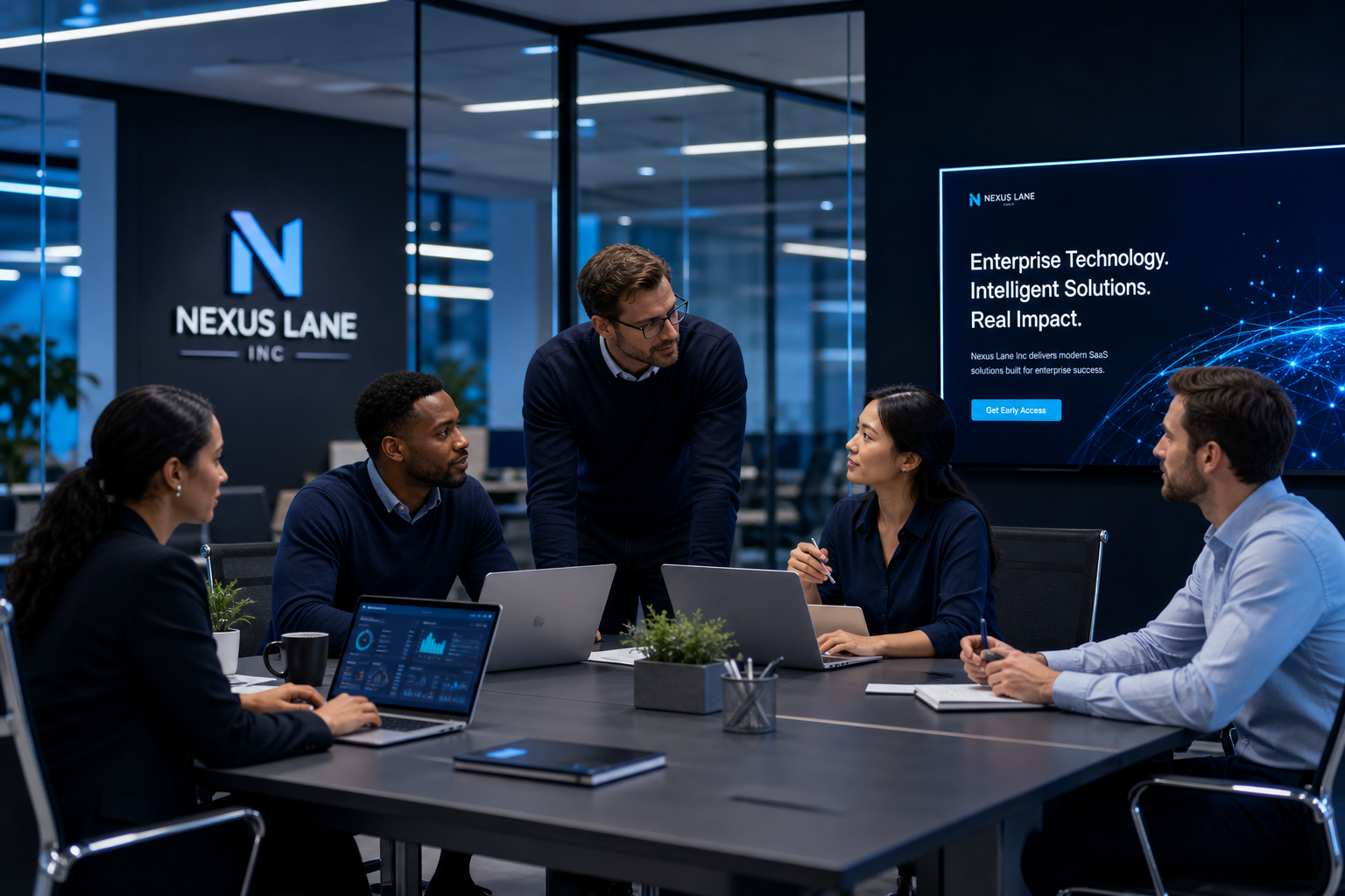Professional enterprise SaaS team collaborating in a modern glass-walled office with dark navy accents and soft blue lighting