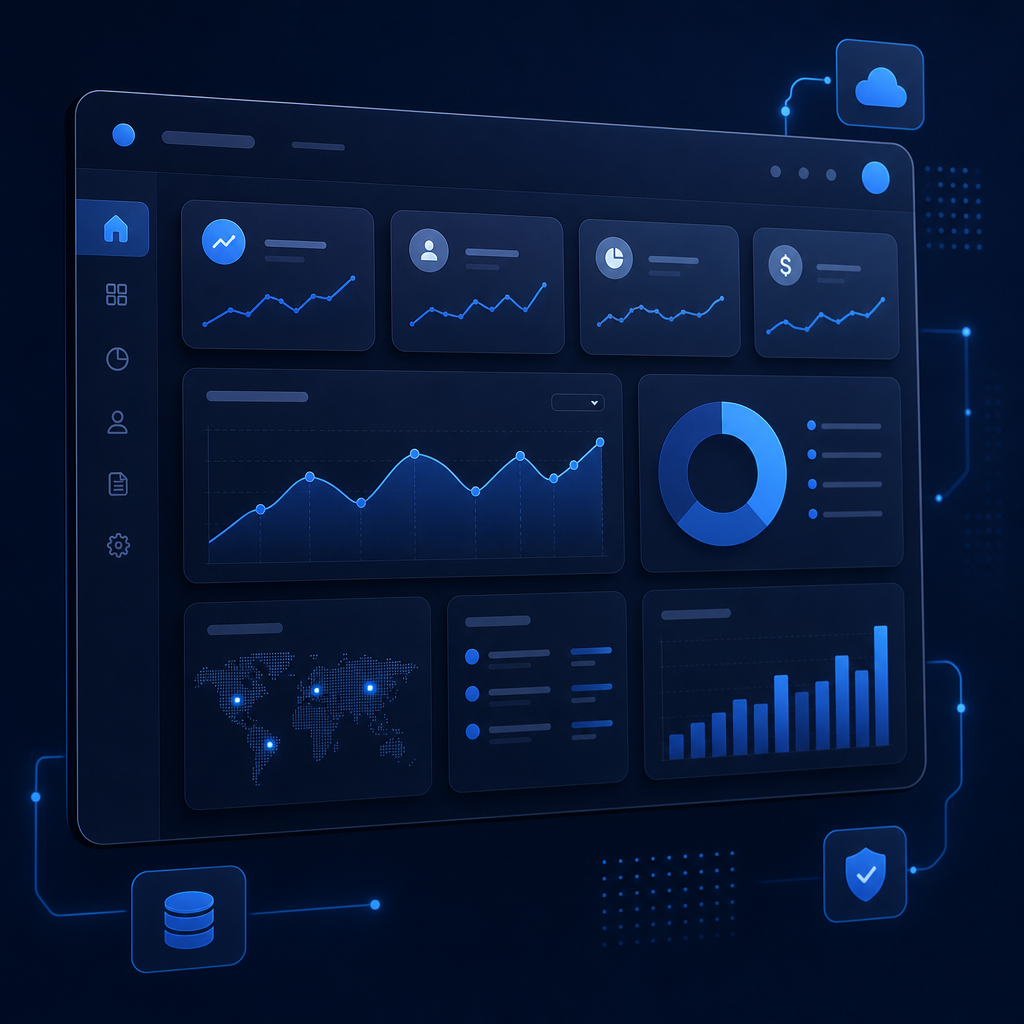 Abstract SaaS dashboard panel with layered cards, line charts, and node connectors in a dark navy interface with sky blue highlights.