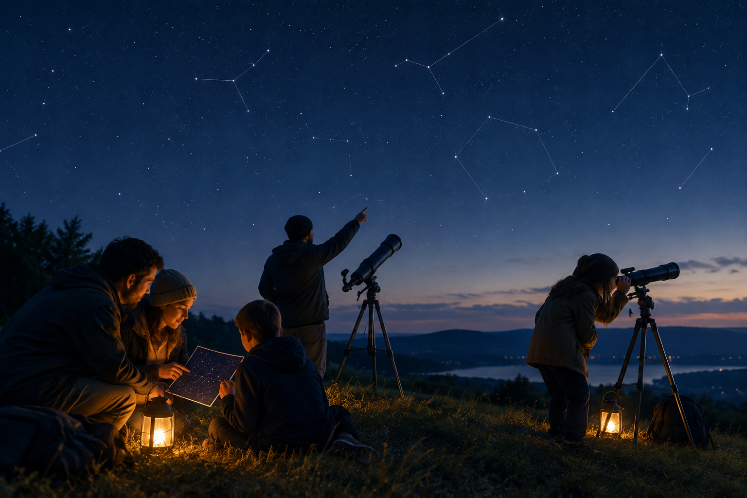 Small group of amateur stargazers gathered with tripods under a deep navy evening sky with faint constellation lines overhead