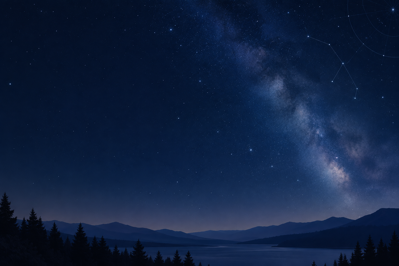 Wide atmospheric night sky with deep navy tones, faint Milky Way haze, and subtle stars