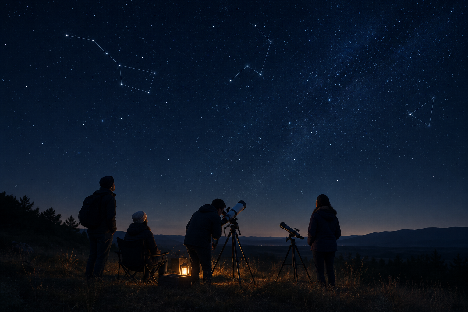 Calm community stargazing scene with small telescopes under a clear navy night sky and subtle star map lines