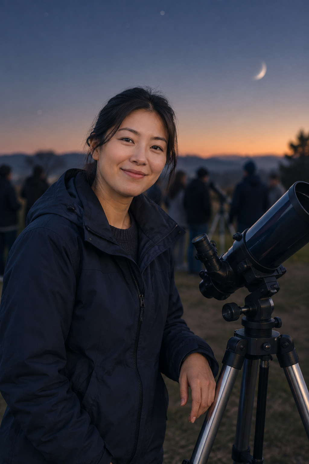 Lina Park, a friendly astronomy club organizer in a dark navy jacket, smiling in soft evening light
