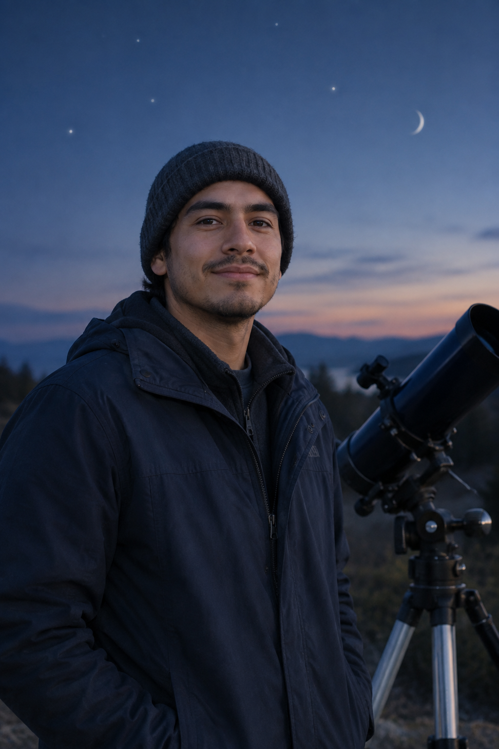 Mateo Ruiz, an approachable club member wearing a charcoal beanie, standing beside a telescope at dusk