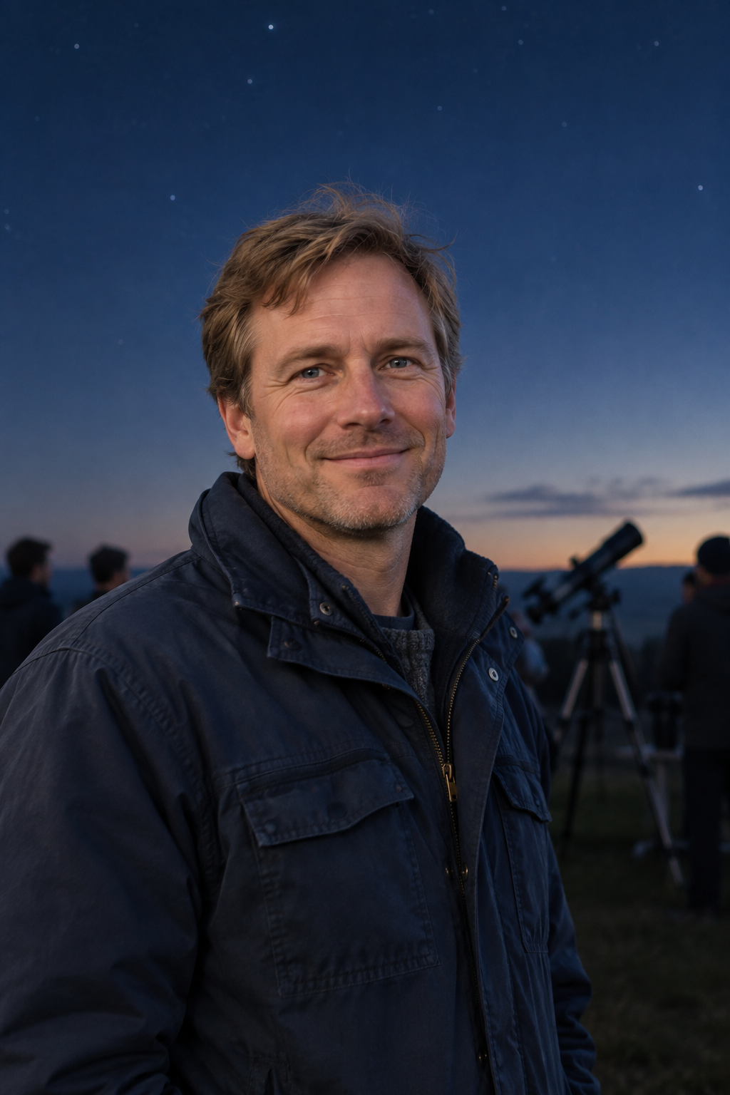 Owen Clarke, a relaxed community organizer in a navy field jacket, smiling beneath a twilight sky