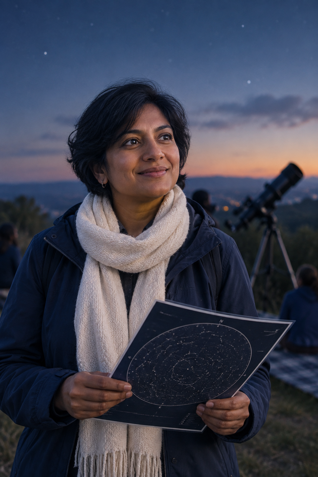 Priya Nair, a warm mentor with short dark hair and a cream scarf, holding a star chart outdoors