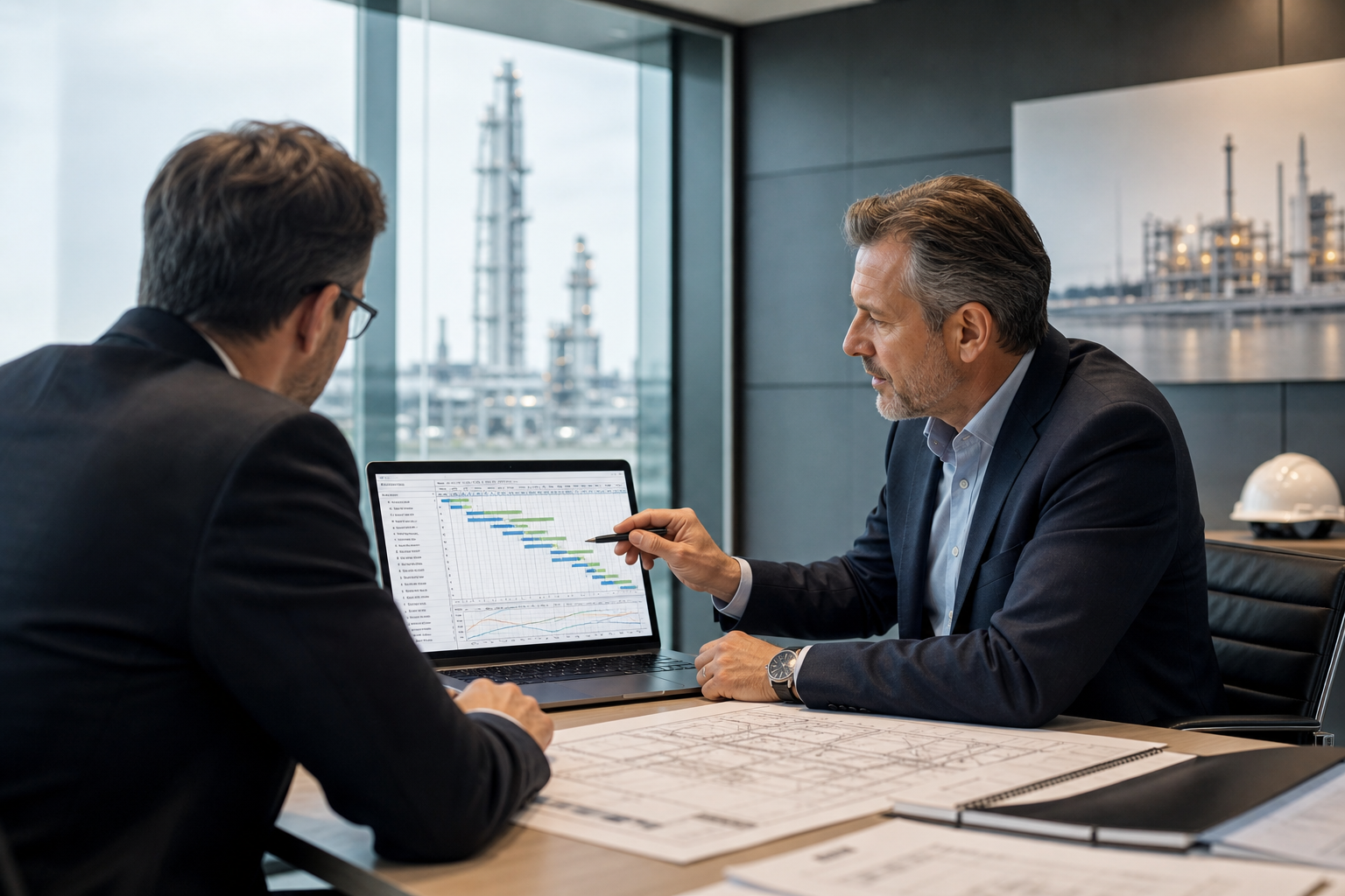 Senior project controls advisor reviewing a complex oil and gas project schedule with a client in a modern boardroom