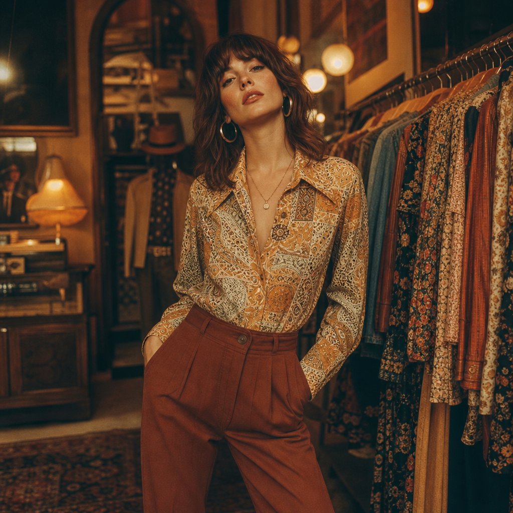 Warm film photograph of a confident model wearing a 70s patterned blouse and high-waisted trousers in a retro boutique