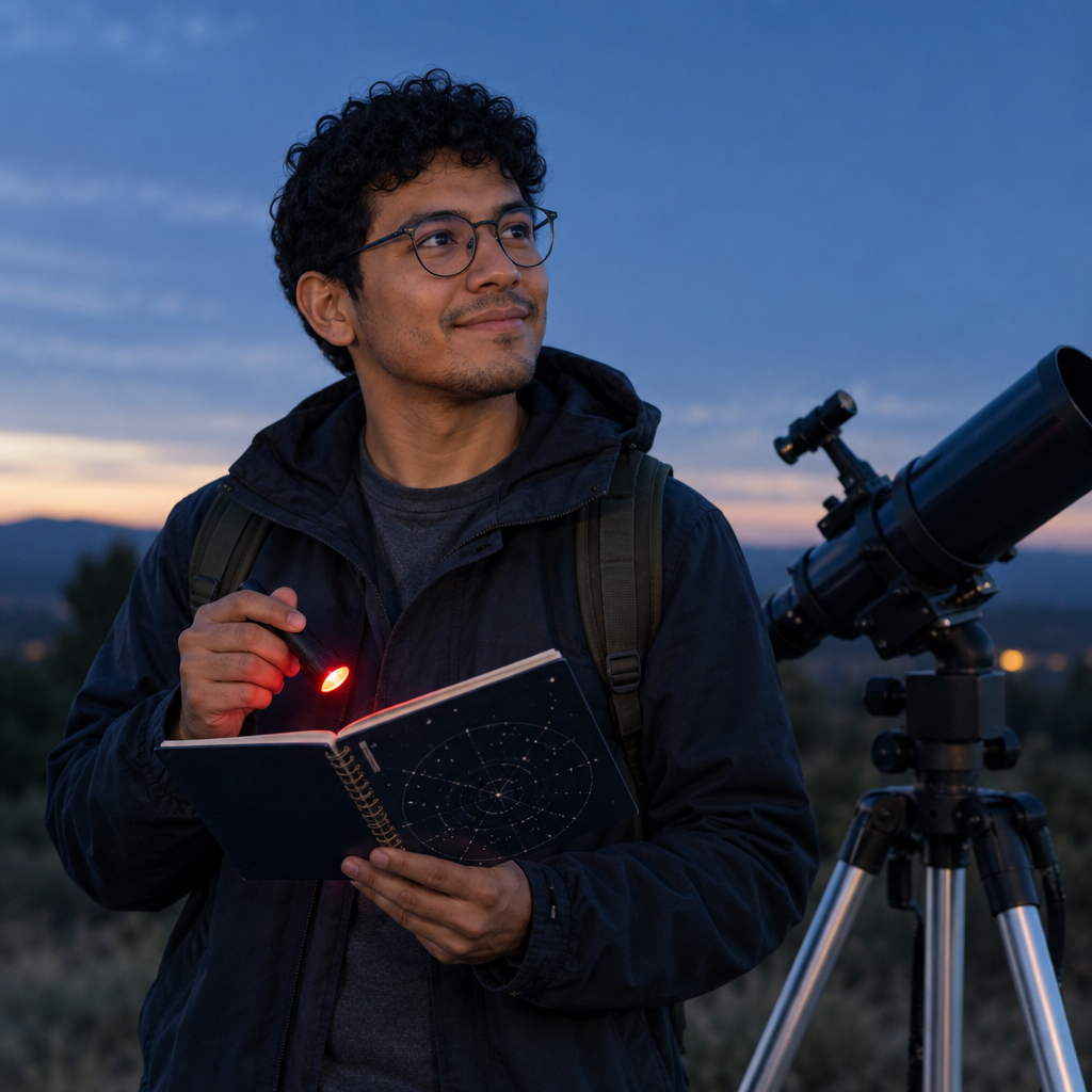 Portrait of Elias Romero, note-taking organizer with a star map notebook