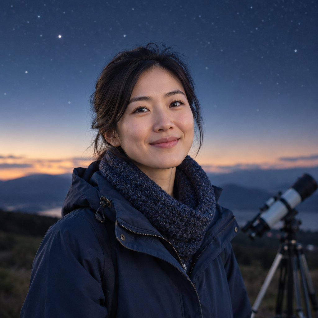 Portrait of Maya Lin, a friendly organizer in a navy jacket under a twilight sky