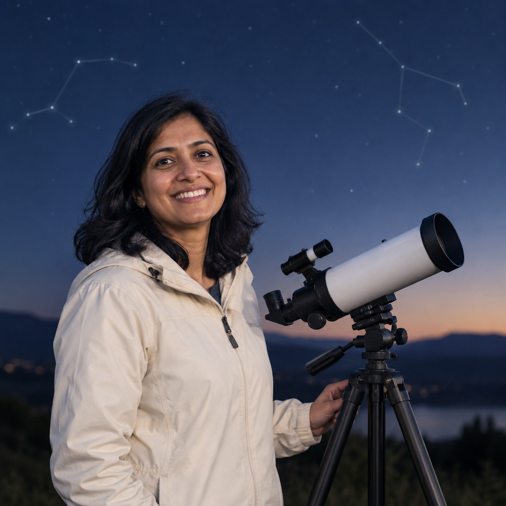 Portrait of Noor Patel, beginner mentor smiling beside a compact telescope