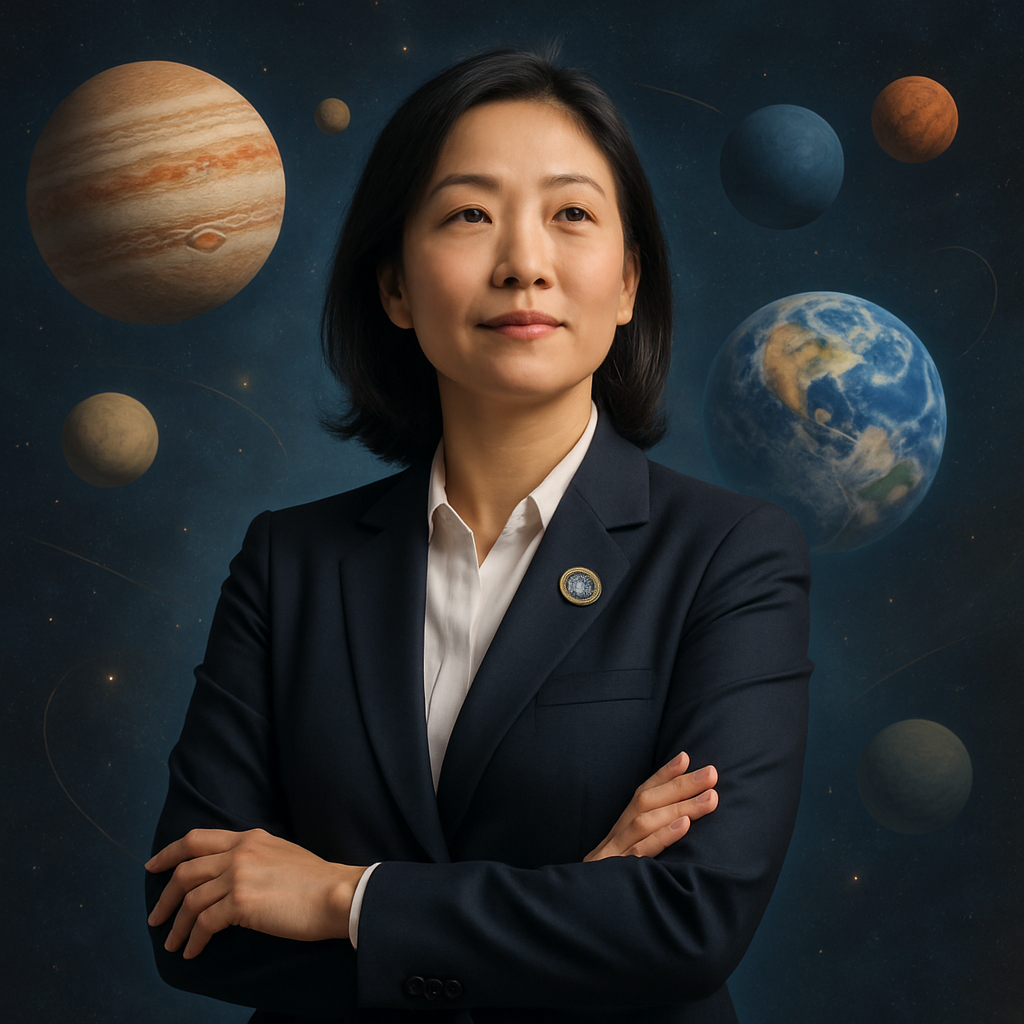Portrait of government agency representative with planetary backdrop