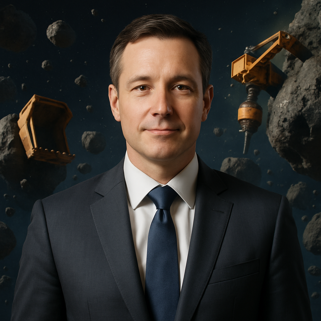 Portrait of a mining executive with asteroid field background