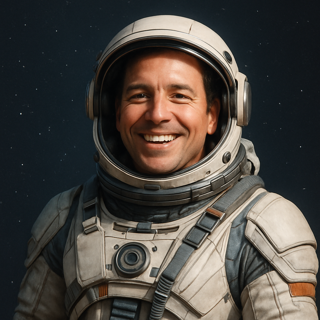 Portrait of a smiling tourist in a space suit