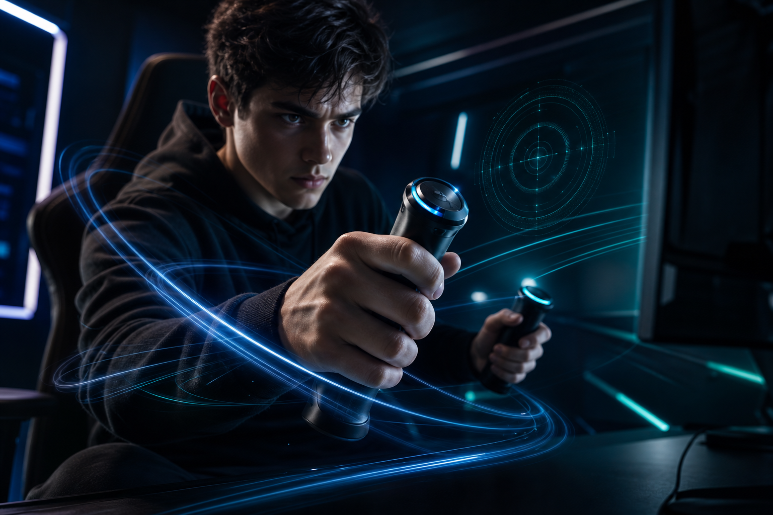 Futuristic gamer testing a sleek force-sensing controller with glowing motion trails
