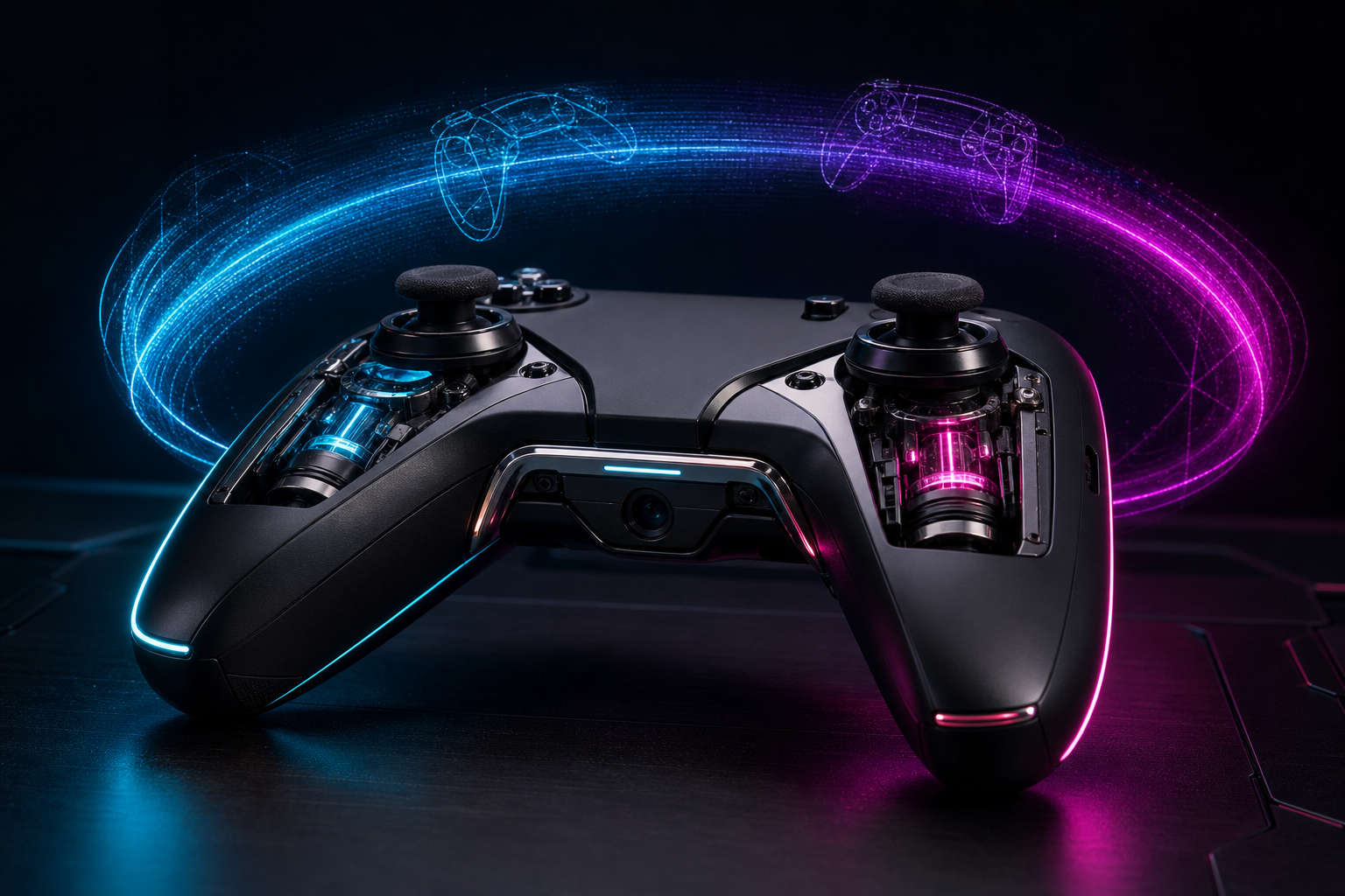 Futuristic motion-sensing gaming controller prototype with illuminated force sensors and a holographic motion trail