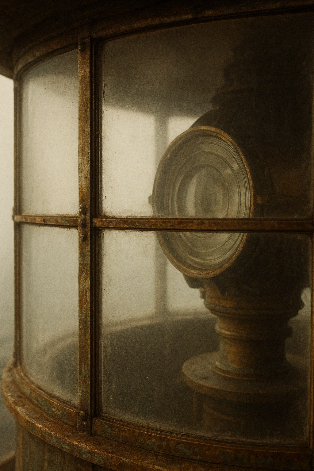 Close archival-style view of lighthouse lantern glass with salt haze and worn brass framing
