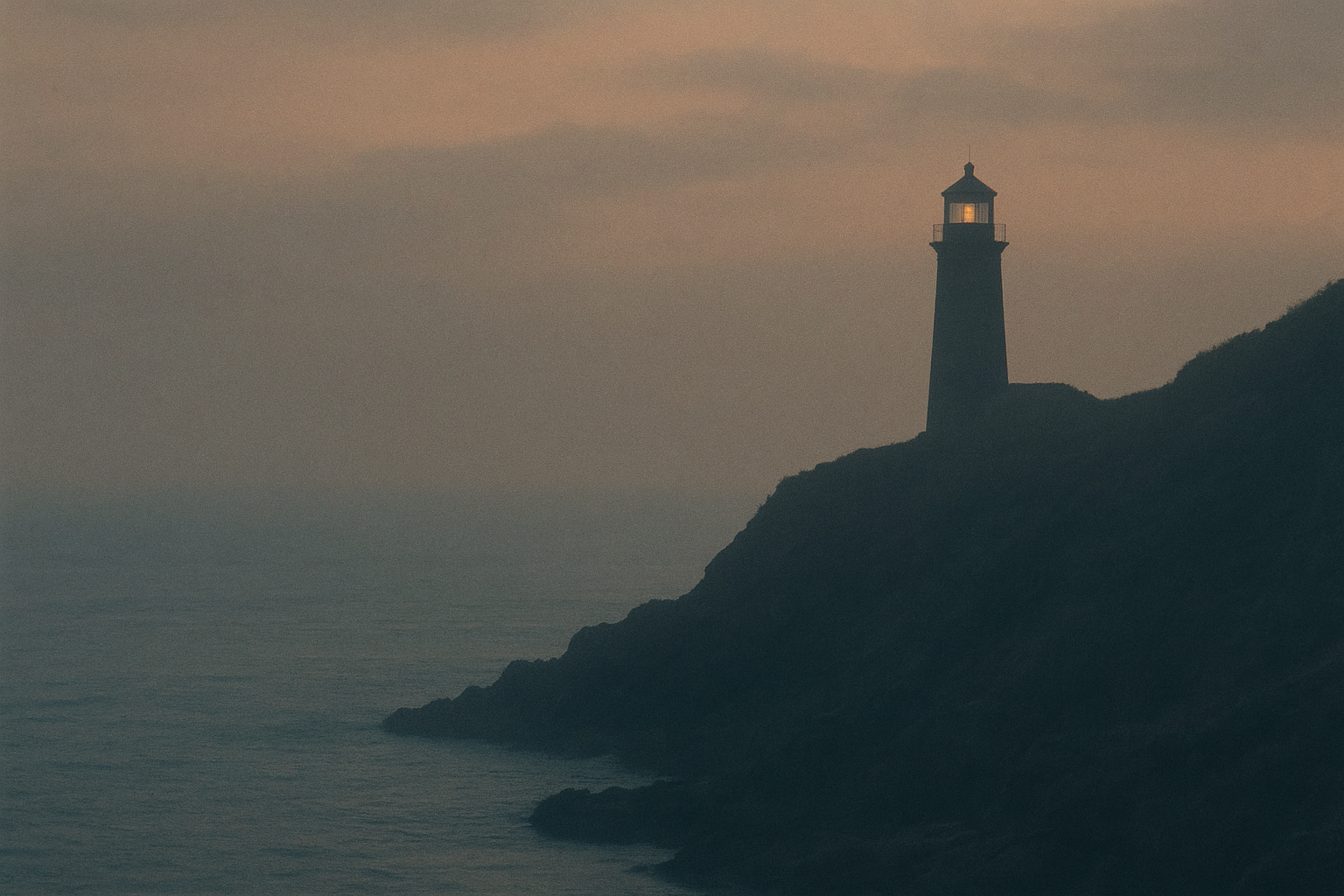 Distant lighthouse beacon silhouette on a cliff at dusk with muted sea horizon