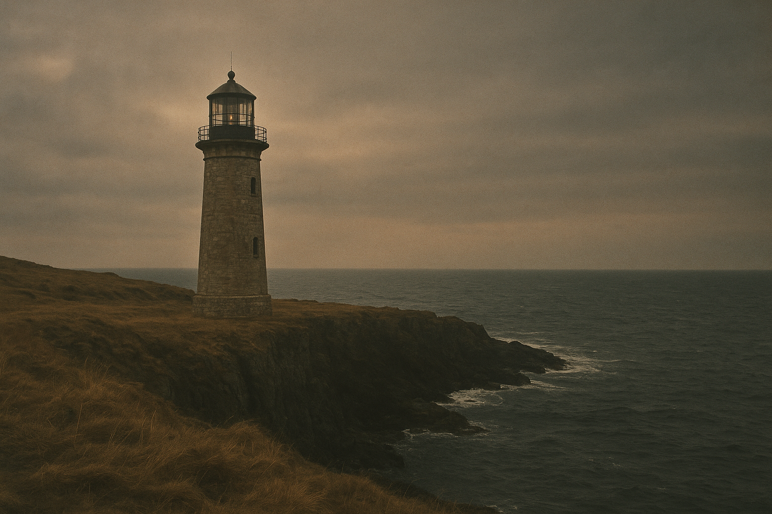 Archival-style photograph of a solitary stone lighthouse on a rugged northern coastline, dark sea below, weathered cliffs, and overcast dusk light with warm film grain