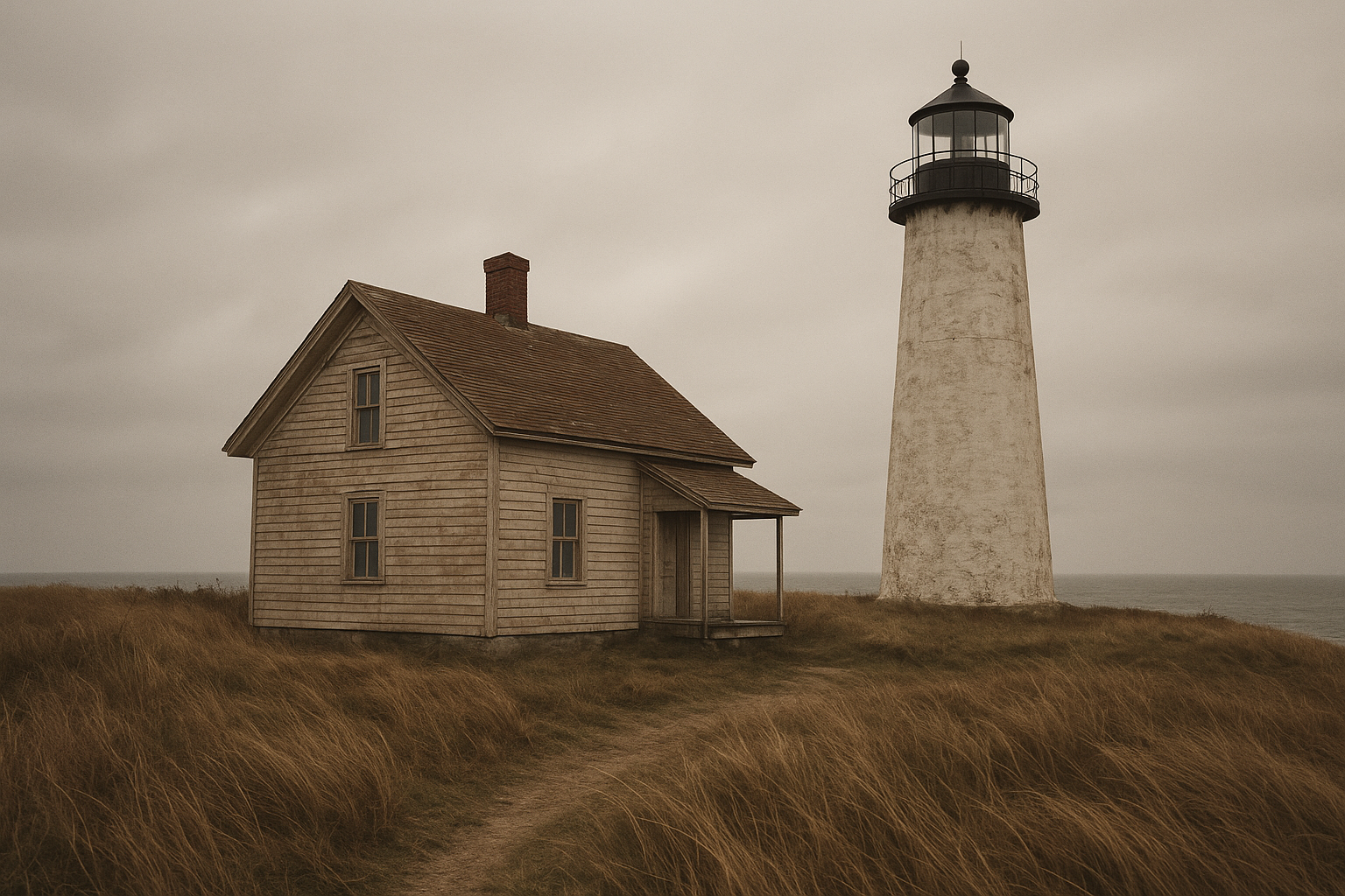 Modest weatherboard keeper dwelling beside a lighthouse with windswept grass