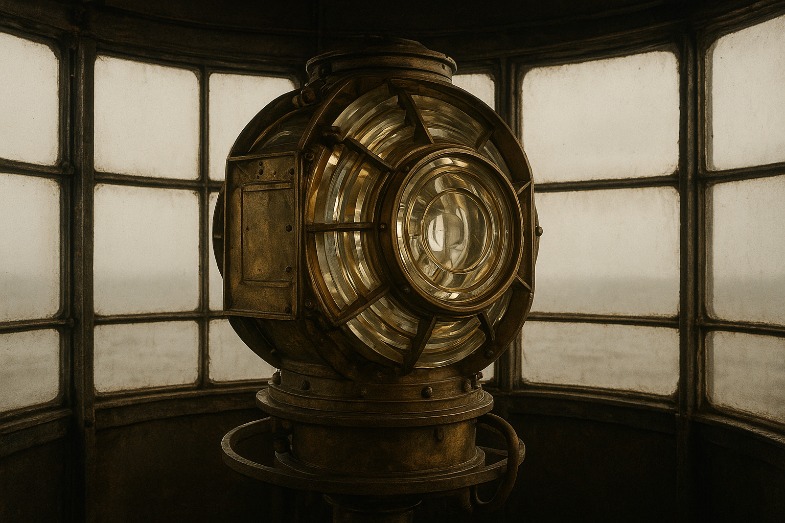 Close interior view of a brass lighthouse lantern lens with warm patina and glass prisms