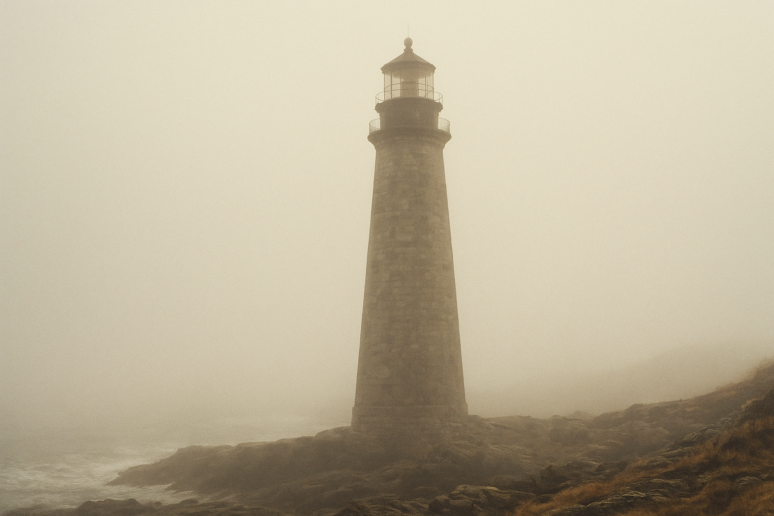 Tall stone lighthouse emerging from dense morning sea mist along the northern coast