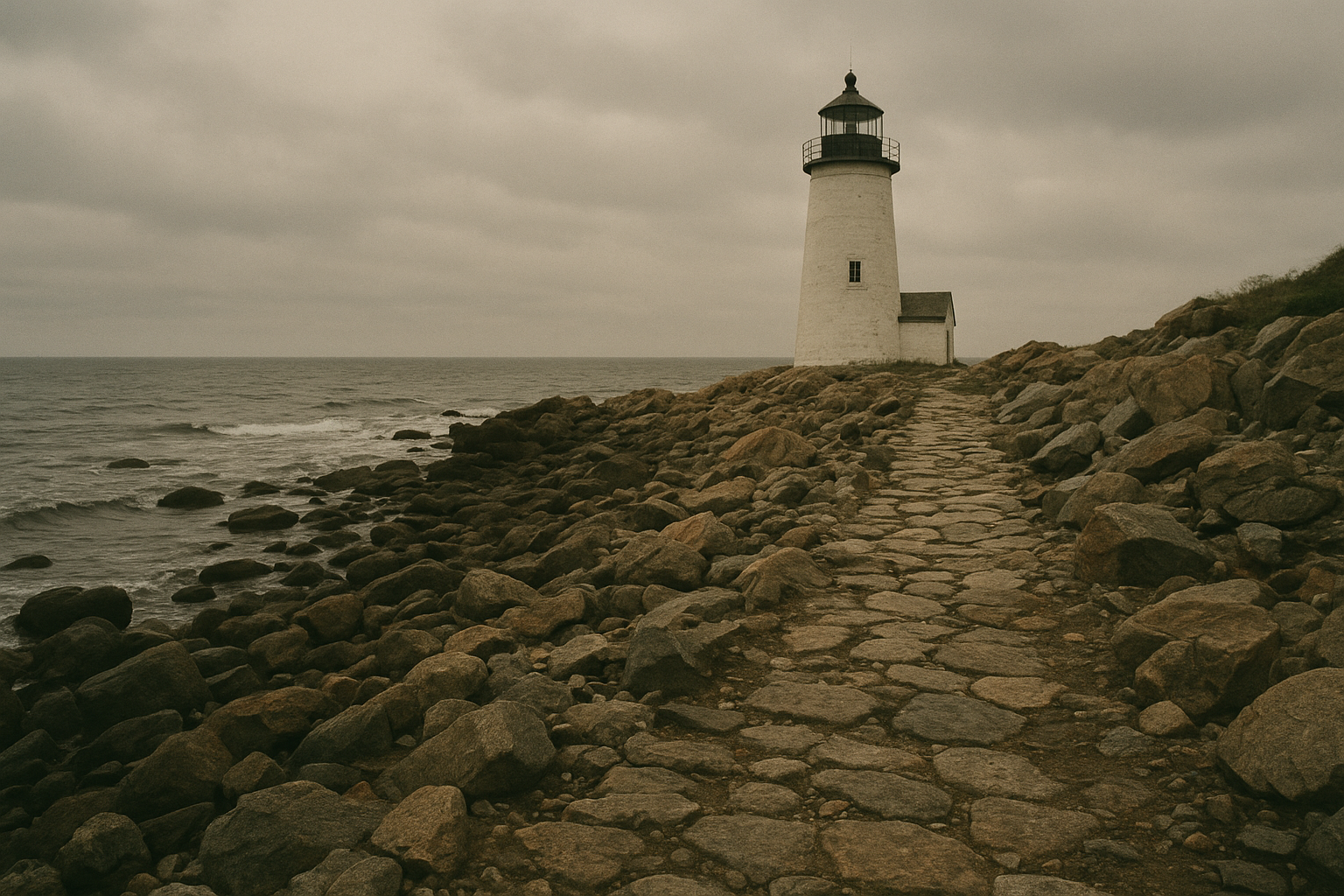 Rocky shoreline approach to a white lighthouse with low surf and overcast sky