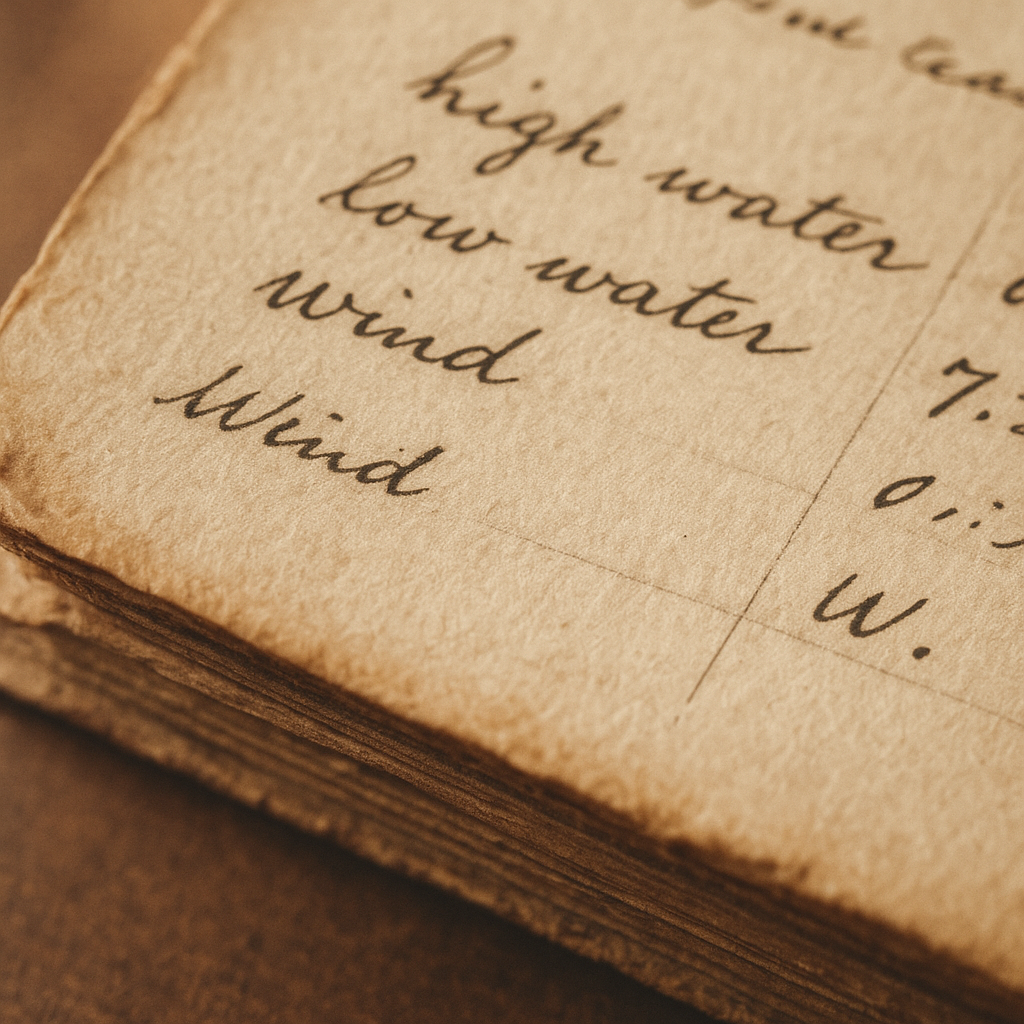 Close archival inset of a weathered lighthouse logbook corner with handwritten tide notes and aged paper texture