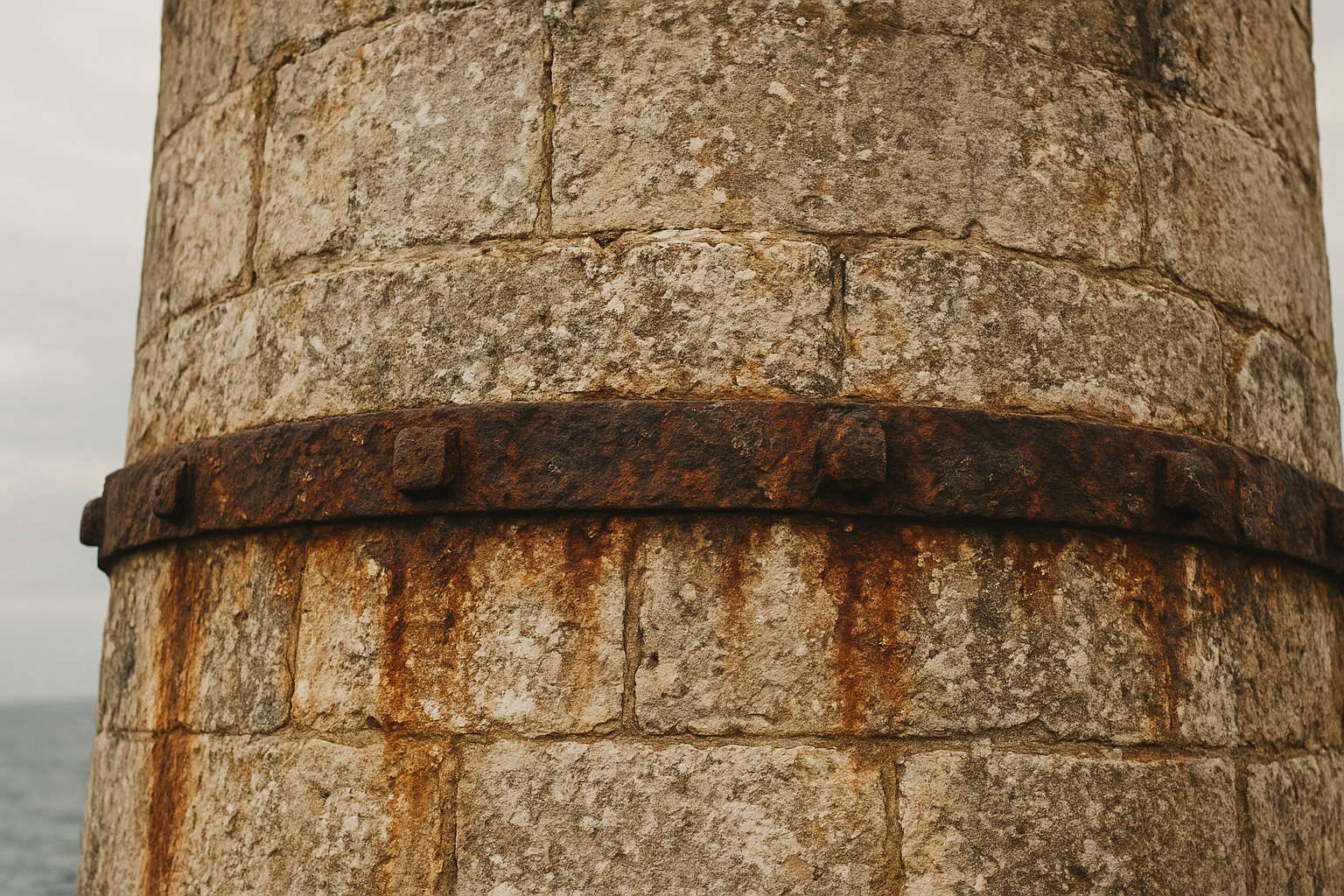 Aged lighthouse masonry wall with salt-stained stone blocks and iron fastenings
