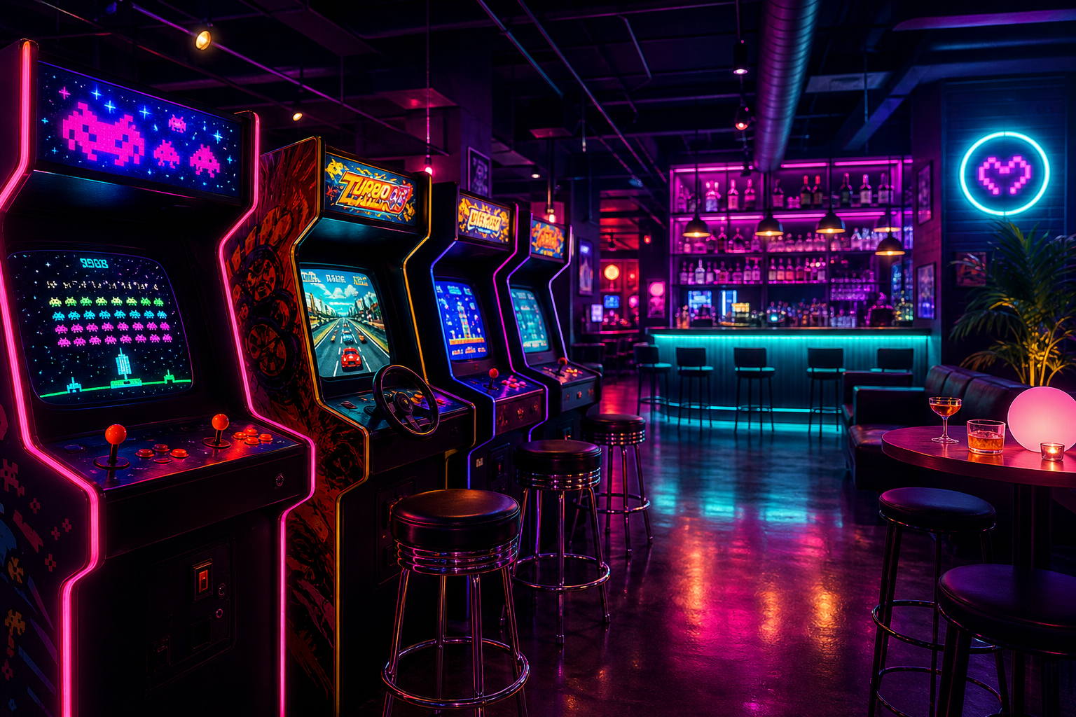 Neon-lit retro arcade bar interior with glowing cabinets, magenta and cyan lighting, and a sleek cocktail bar