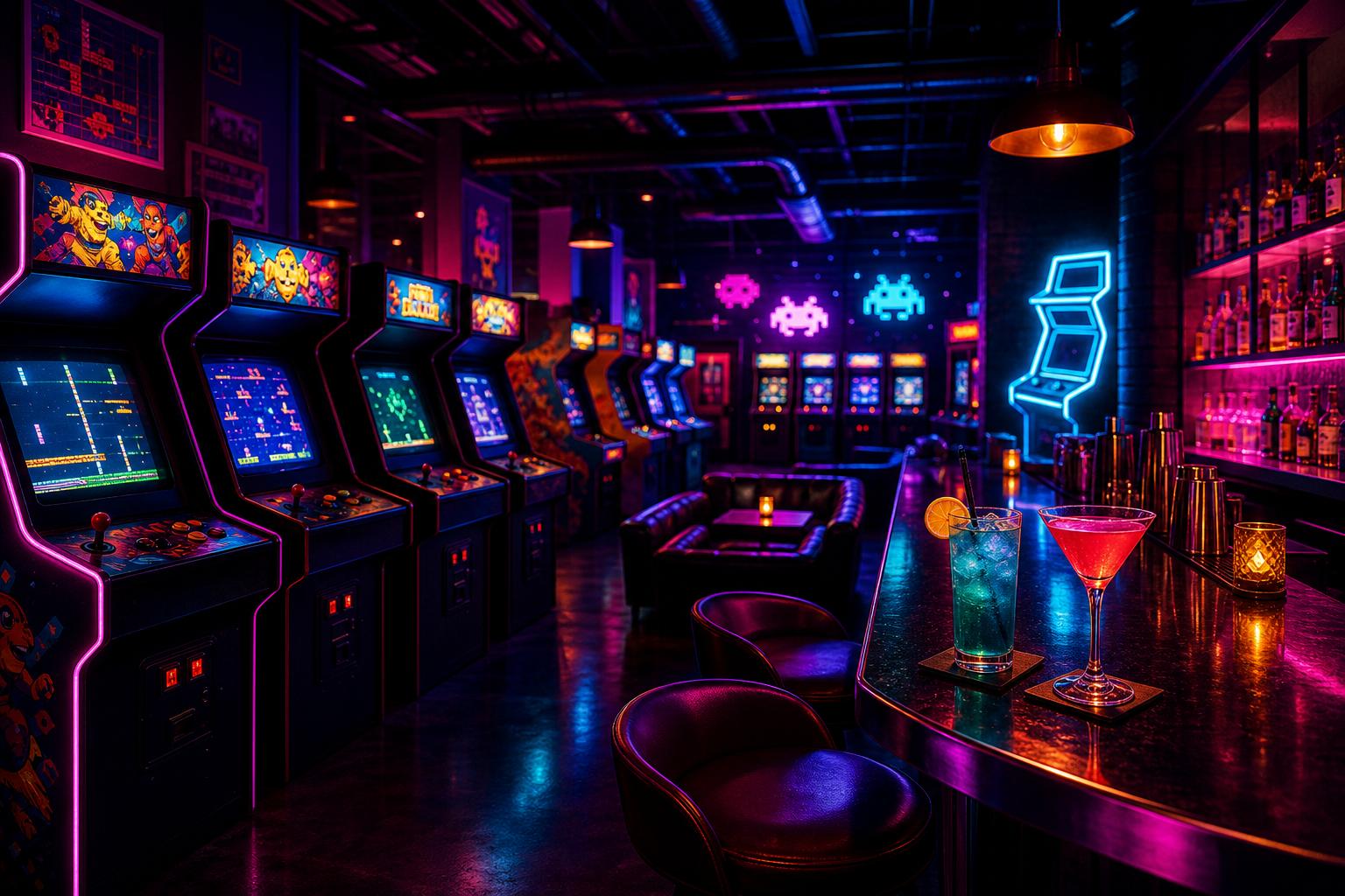Neon-lit arcade bar interior with glowing cabinets and vibrant cocktails