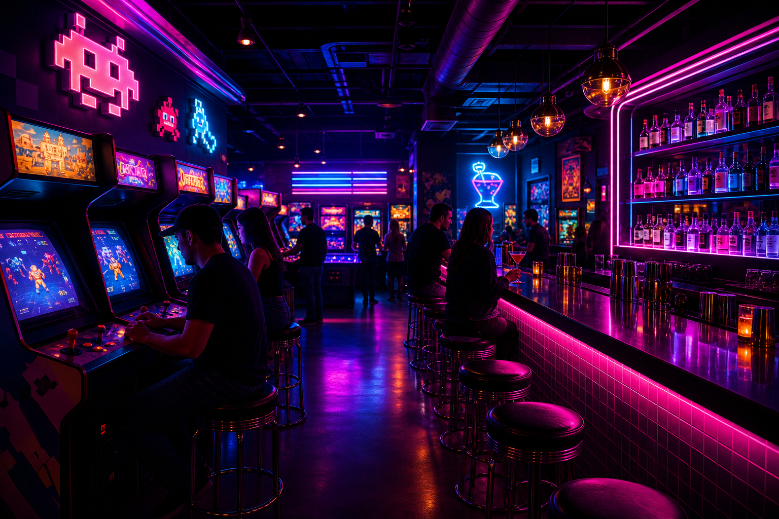 Cinematic view of a retro arcade bar with neon magenta and cyan lighting, glowing cabinets, and a cocktail bar